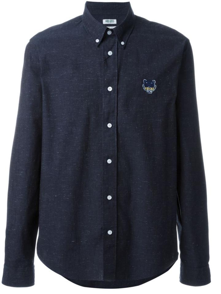 Kenzo 'mini Tiger' Button Down Shirt, Men's, Size: Medium, Blue, Cotton/polyester