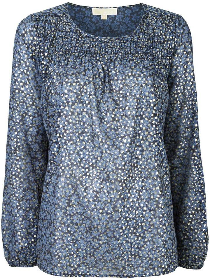 Leaves Print Blouse, Women's, Size: Medium, Blue, Polyester, Michael Michael Kors