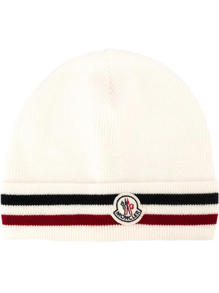 Moncler Striped Edge Beanie, Men's, White, Wool
