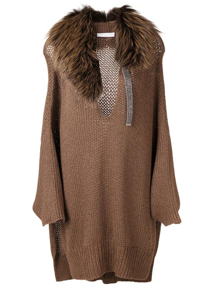 Fabiana Filippi Fur Collar Oversized Sweater - Brown