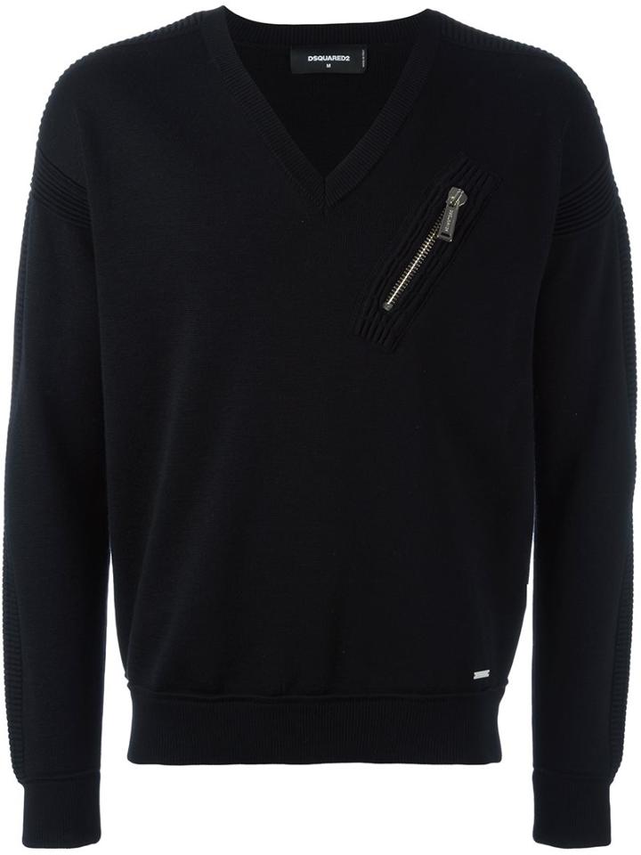Dsquared2 Zip Detail V-neck Sweatshirt, Men's, Size: Medium, Black, Virgin Wool