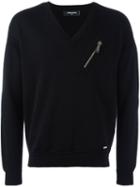 Dsquared2 Zip Detail V-neck Sweatshirt, Men's, Size: Medium, Black, Virgin Wool