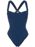 Hunza G Zora Embellished Seersucker Swimsuit - Blue