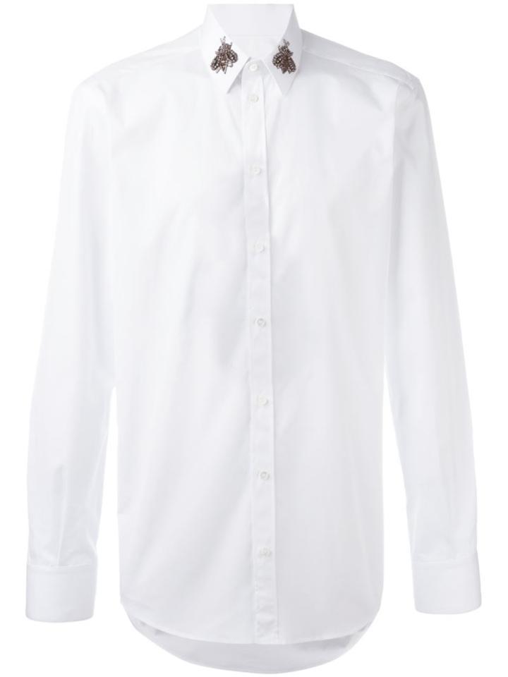 Dolce & Gabbana Embroidered Bee Collar Shirt, Men's, Size: 39, White, Cotton/crystal/glass/silk