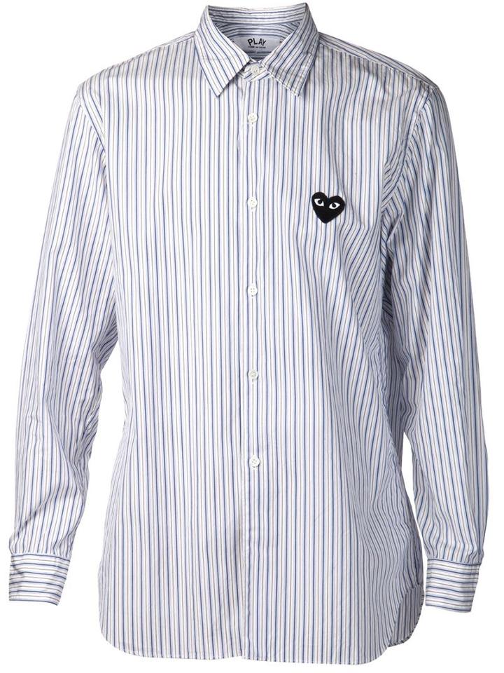 Comme Des Garçons Play Embroidered Heart Striped Shirt, Men's, Size: Large, White, Cotton
