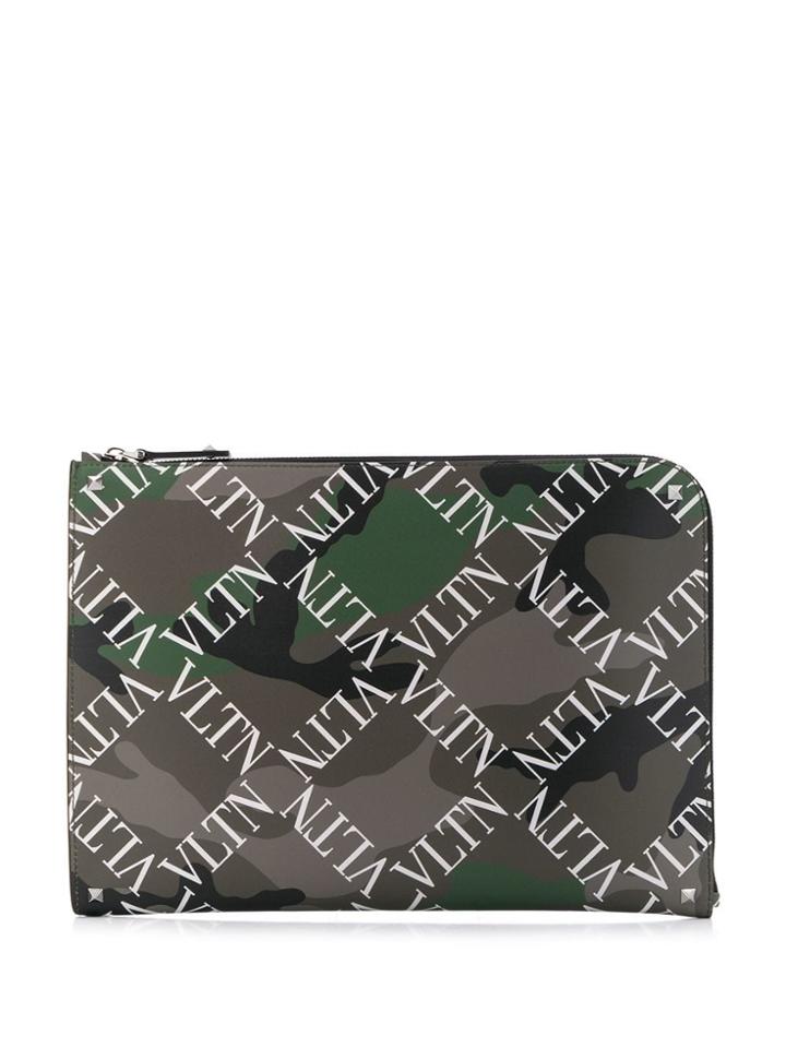Valentino Camouflage Logo Grid Print Clutch Bag - Green