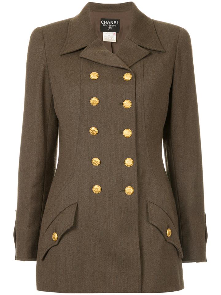 Chanel Vintage Cc Logo Double-breasted Coat - Brown