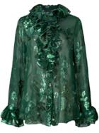 Anna Sui Ruffle Trimmed Metallic Floral Print Shirt - Green