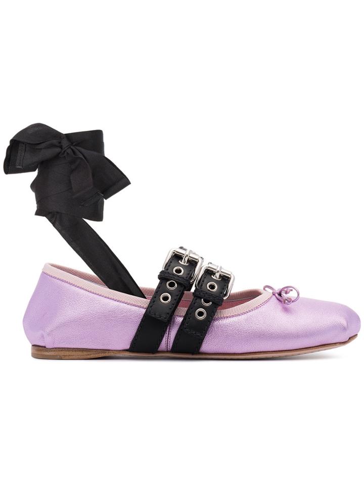Miu Miu Metallic Leather Lace Up Ballet Flats - Pink & Purple