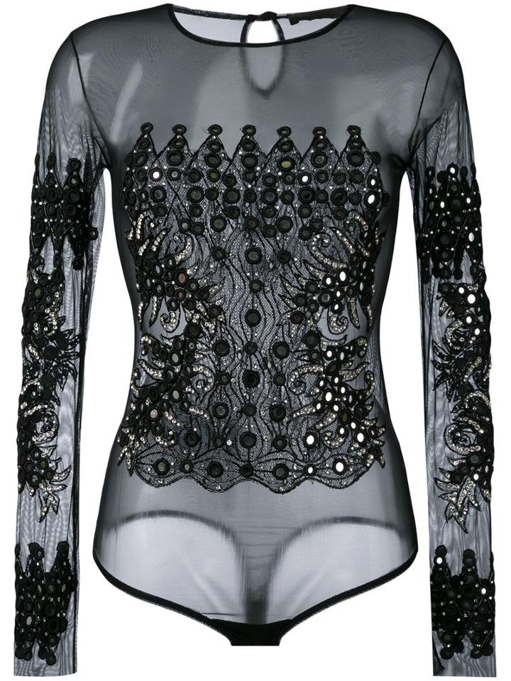 Amen - Embellished Sheer Bodysuit - Women - Polyamide/spandex/elastane/viscose/glass - 44, Black, Polyamide/spandex/elastane/viscose/glass