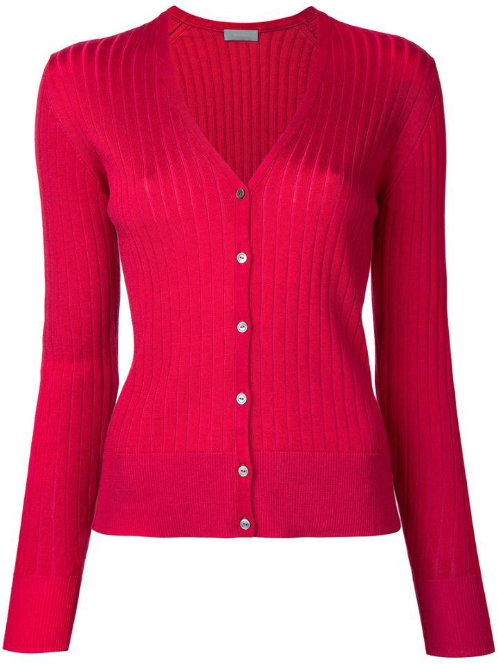 Estnation - Ribbed V-neck Cardigan - Women - Cotton - 38, Red, Cotton