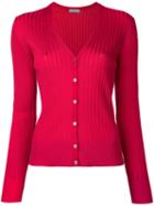 Estnation - Ribbed V-neck Cardigan - Women - Cotton - 38, Red, Cotton