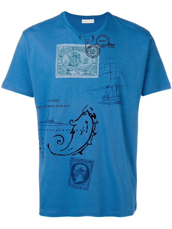 Etro Embroidered Postcard Print T-shirt - Blue