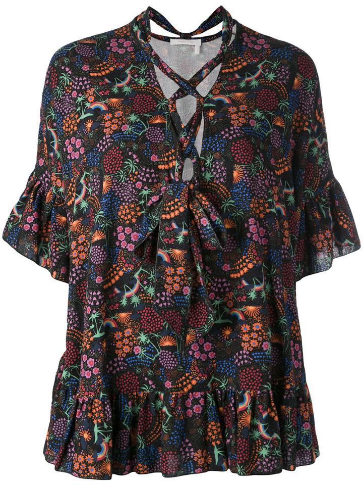 See By Chloé - Floral Frill Trim Blouse - Women - Cotton/linen/flax - 36, Black, Cotton/linen/flax