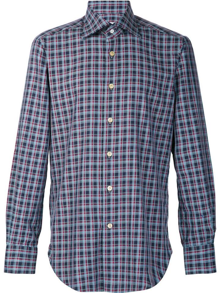 Kiton Plaid Button Down Shirt, Men's, Size: 16, Blue, Cotton