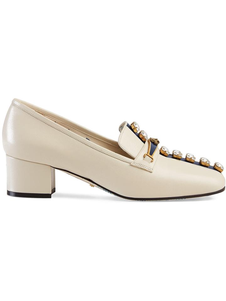 Gucci Leather Pumps With Crystal Stripe - White