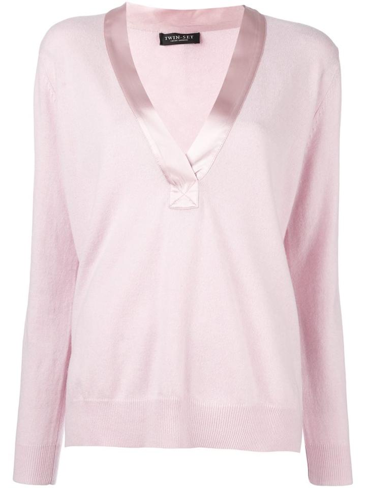 Twin-set Satin Trim Jumper, Women's, Size: Xl, Pink/purple, Silk/cashmere/wool