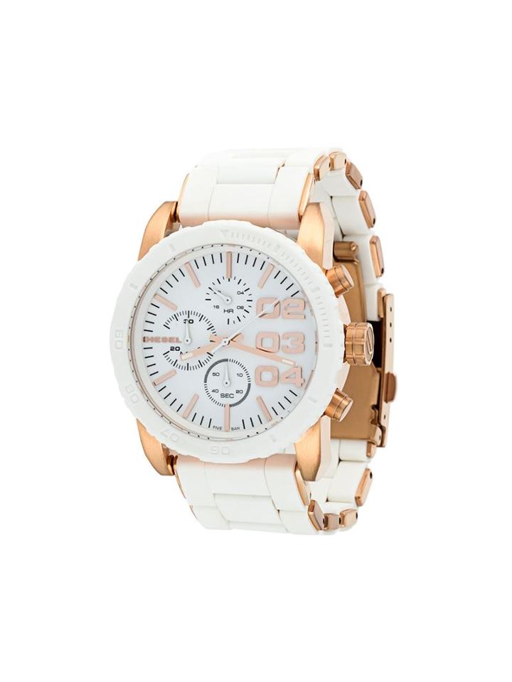 Diesel Round Gold-tone Detailing Analog Watch, Adult Unisex, White, Stainless Steel/rubber