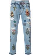 Dolce & Gabbana Crest Patch Distressed Jeans - Blue