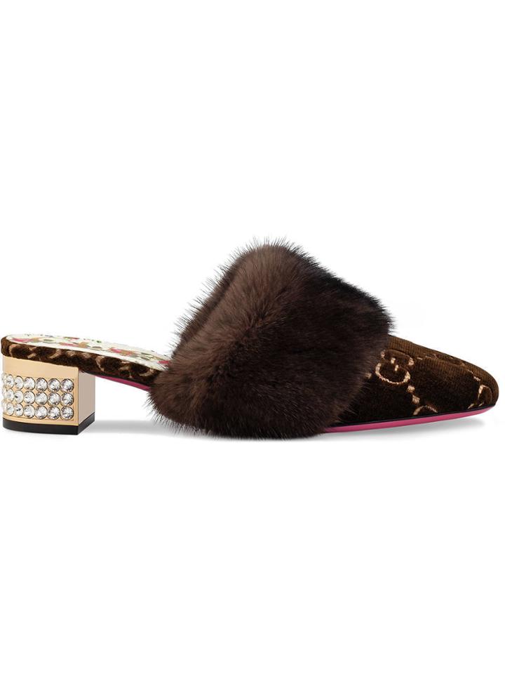 Gucci Gg Velvet Slide With Mink Fur - Brown