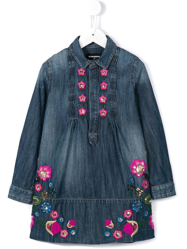 Dsquared2 Kids Floral Embroidered Denim Dress, Girl's, Size: 12 Yrs, Blue