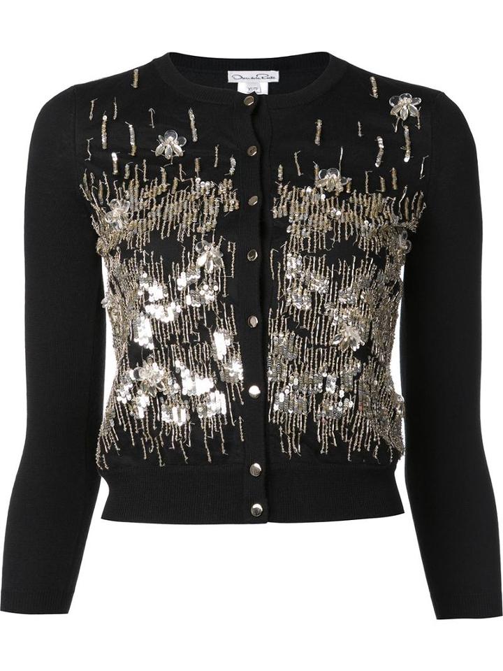 Oscar De La Renta Sequin Embroidered Cardigan, Women's, Size: Medium, Black, Virgin Wool
