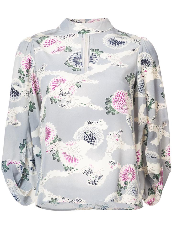 Co Kimono Sleeve Floral Print Blouse - Blue
