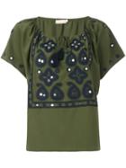 Tory Burch Drawstring Neck Embroidered Blouse