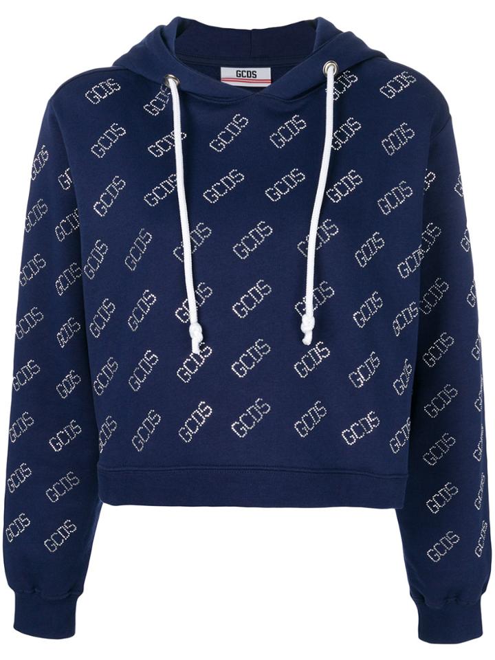 Gcds Diamante Logo Cropped Hoody - Blue