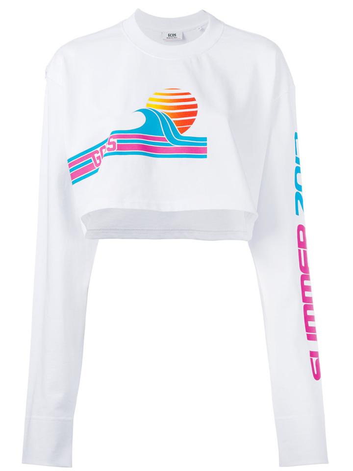 Gcds - Beach Print Crop Top - Women - Cotton - M, White, Cotton