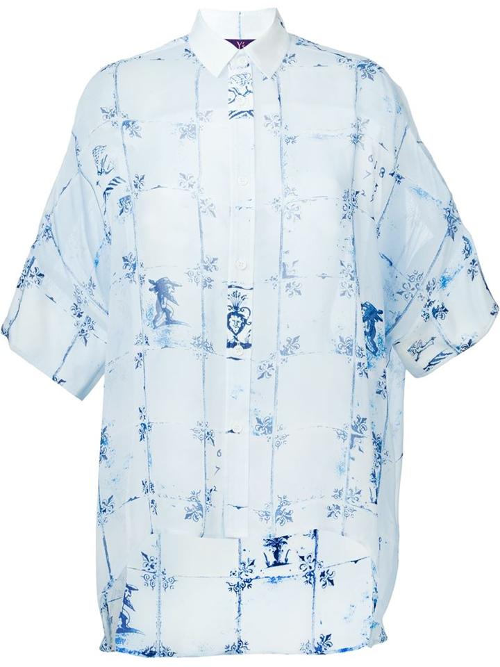 Y S Sheer Tile Print Shirt, Women's, Size: 2, Blue, Cupro
