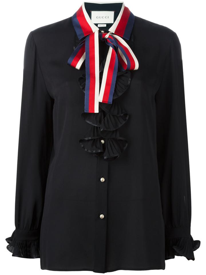 Gucci Tied Neck Ruffled Shirt, Women's, Size: 46, Black, Silk/polyester