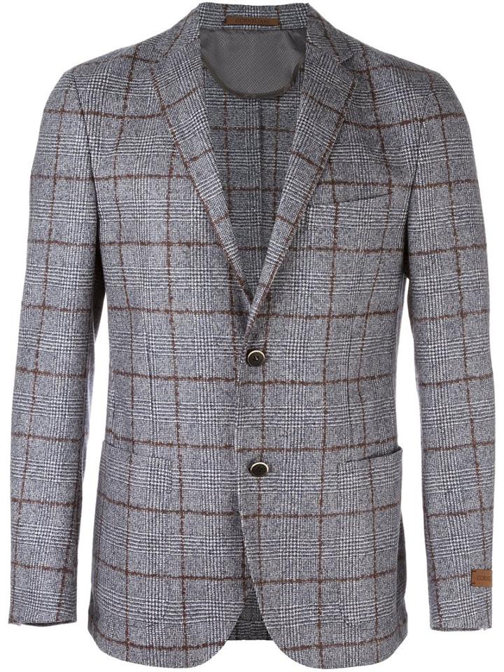 Corneliani Checked Buttoned Blazer, Men's, Size: 50, Grey, Virgin Wool/cupro