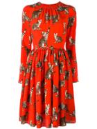 Dolce & Gabbana Cat Print Dress, Women's, Size: 40, Red, Silk/spandex/elastane