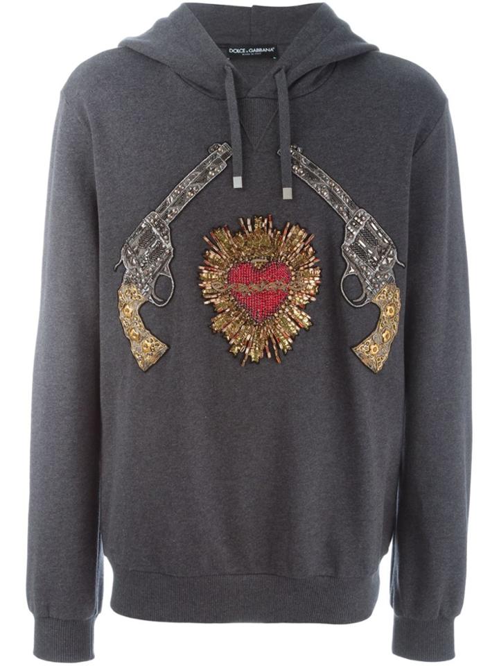 Dolce & Gabbana Sacred Heart Gun Patch Hoodie - Grey