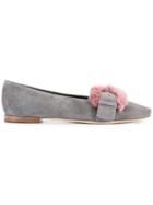 Manolo Blahnik Fur Buckle Ballerina Pumps - Grey