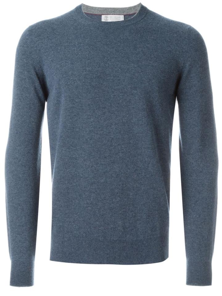 Brunello Cucinelli Crew Neck Jumper, Men's, Size: 56, Blue, Silk/cashmere/virgin Wool
