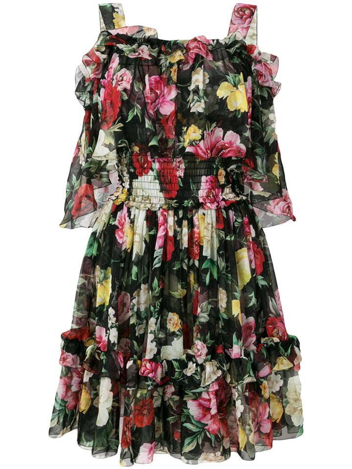 Dolce & Gabbana Rose Print Ruffled Dress - Black
