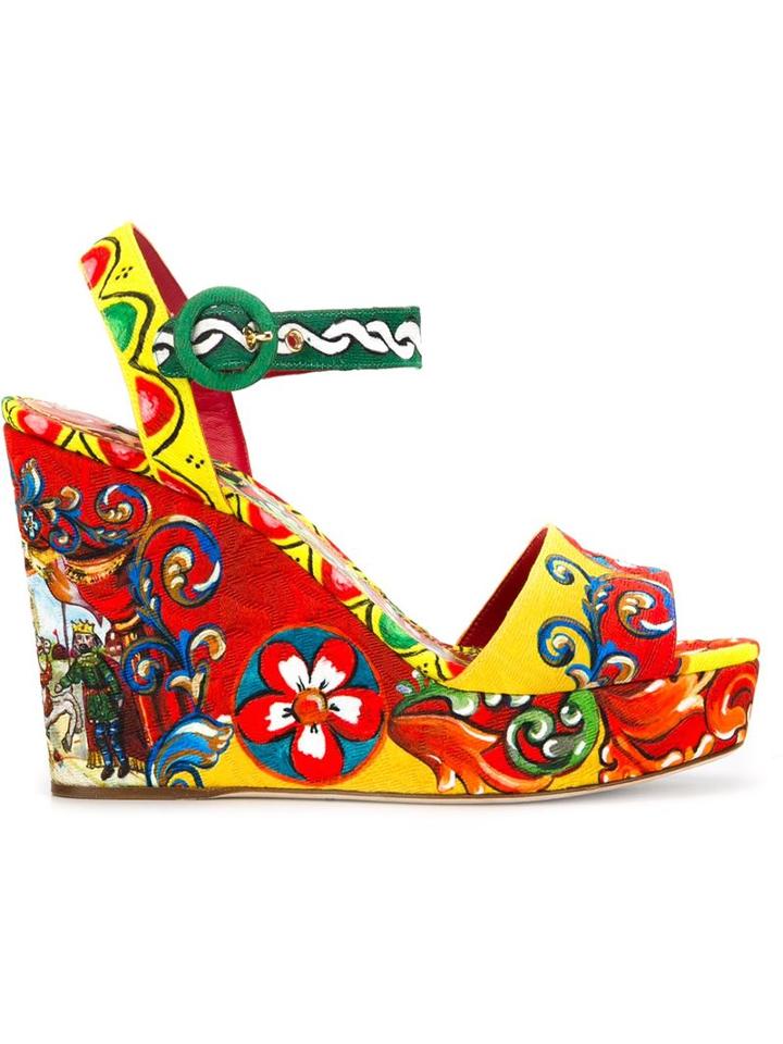 Dolce & Gabbana Carretto Siciliano Print Wedge Sandals, Women's, Size: 36.5, Cotton/viscose/leather