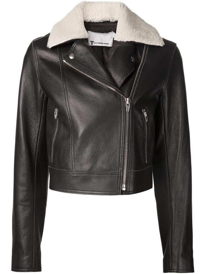 T By Alexander Wang Shearling Collar Biker Jacket, Women's, Size: 6, Black, Calf Leather/sheep Skin/shearling/viscose