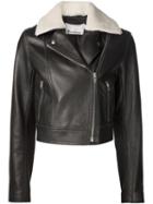 T By Alexander Wang Shearling Collar Biker Jacket, Women's, Size: 6, Black, Calf Leather/sheep Skin/shearling/viscose
