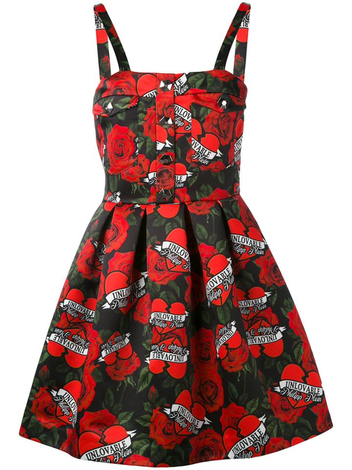 Philipp Plein Rose Print Dress - Red