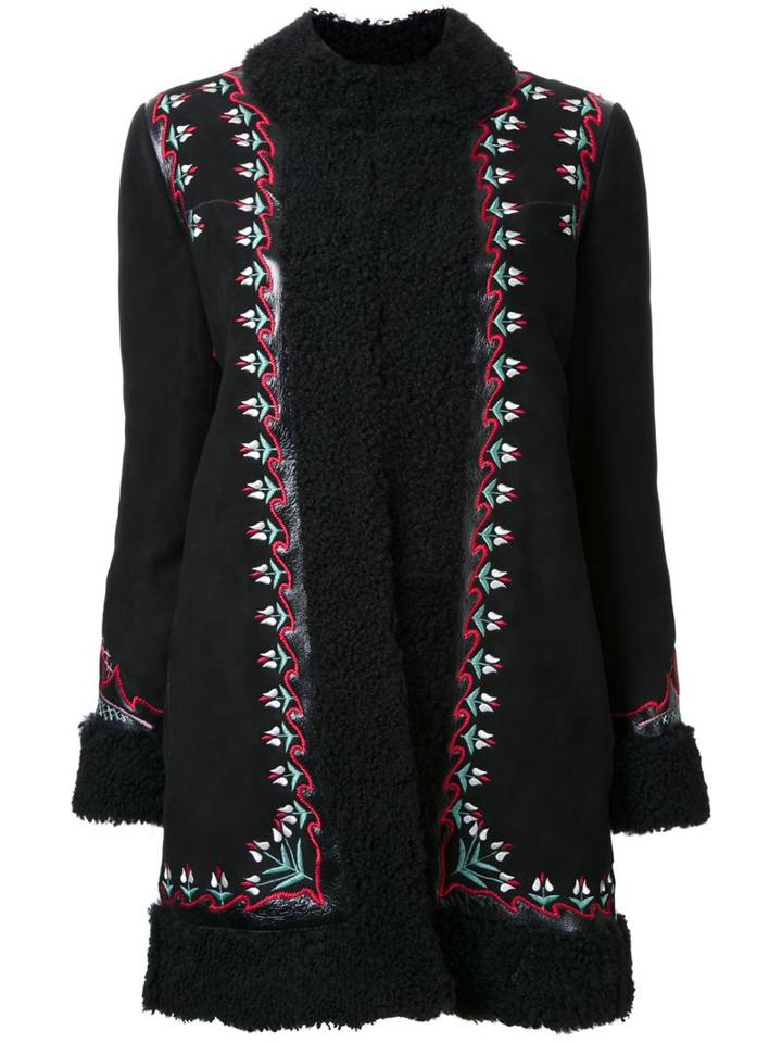 Vilshenko Embroidered Floral Detail Coat, Women's, Size: 8, Black, Sheep Skin/shearling