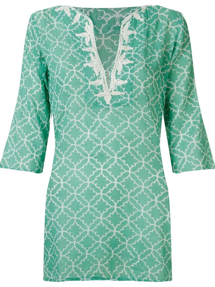Sub V-neck Printed Kaftan, Women's, Size: P, Green, Cotton