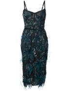 Marchesa Notte Feather-trimmed Embroidered Dress - Blue