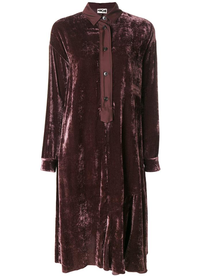 Hache Velvet Button-up Shirt Dress - Red