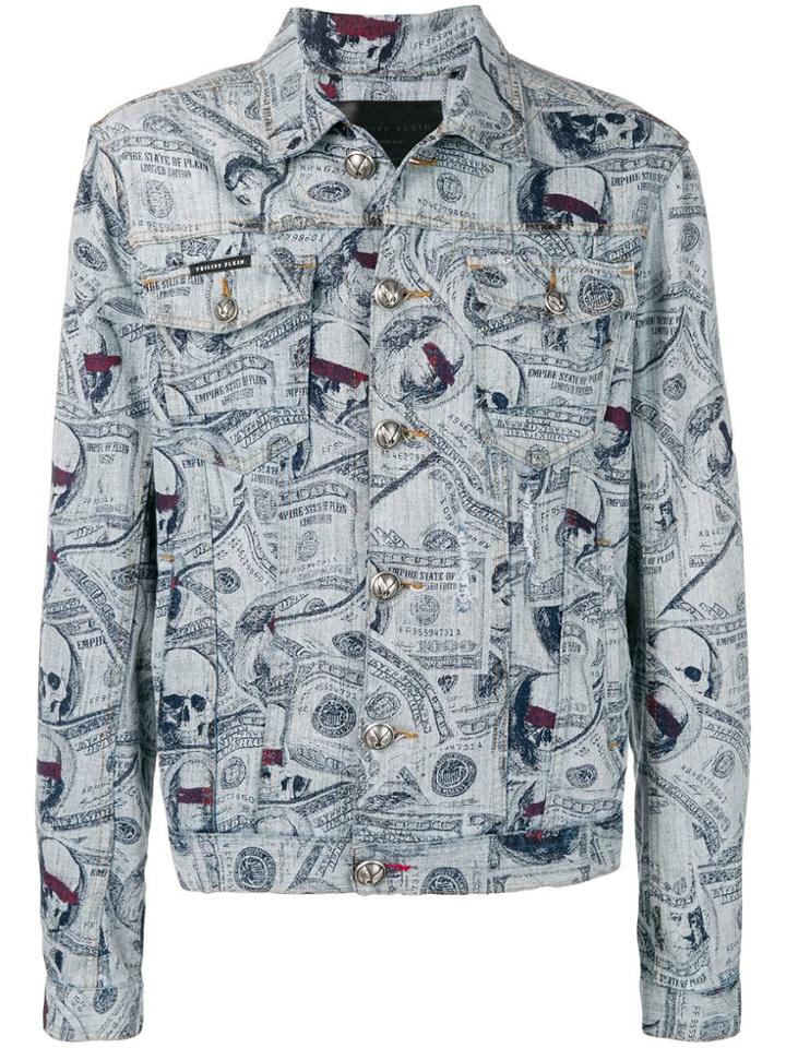 Philipp Plein Money And Skull Print Denim Jacket - Blue