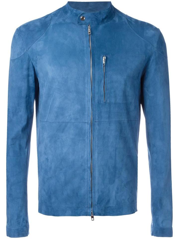 Salvatore Santoro Zipped Leather Jacket, Men's, Size: 50, Blue, Sheep Skin/shearling