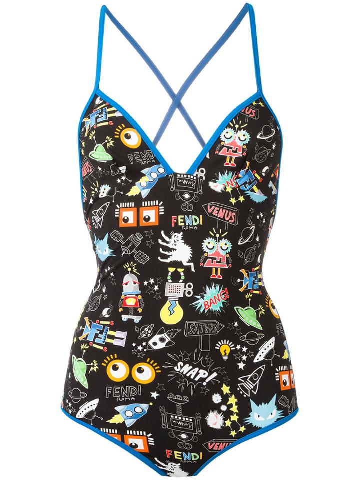 Fendi Printed Swimsuit, Women's, Size: 38, Black, Polyamide/spandex/elastane