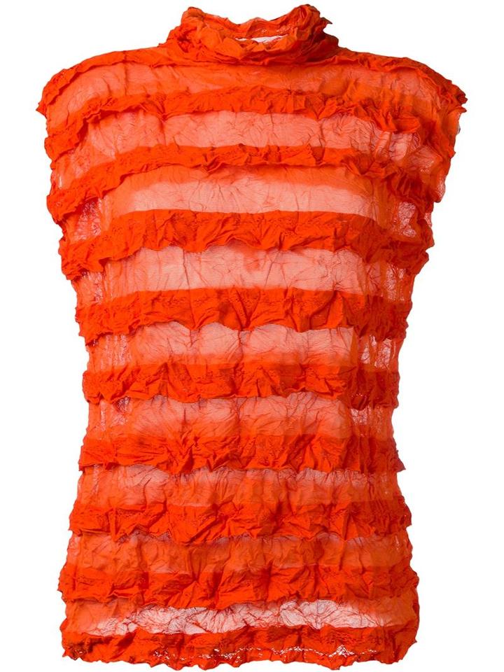 Issey Miyake Cauliflower Ruffle Stripe Semi Sheer Tank Top, Women's, Red, Polyester